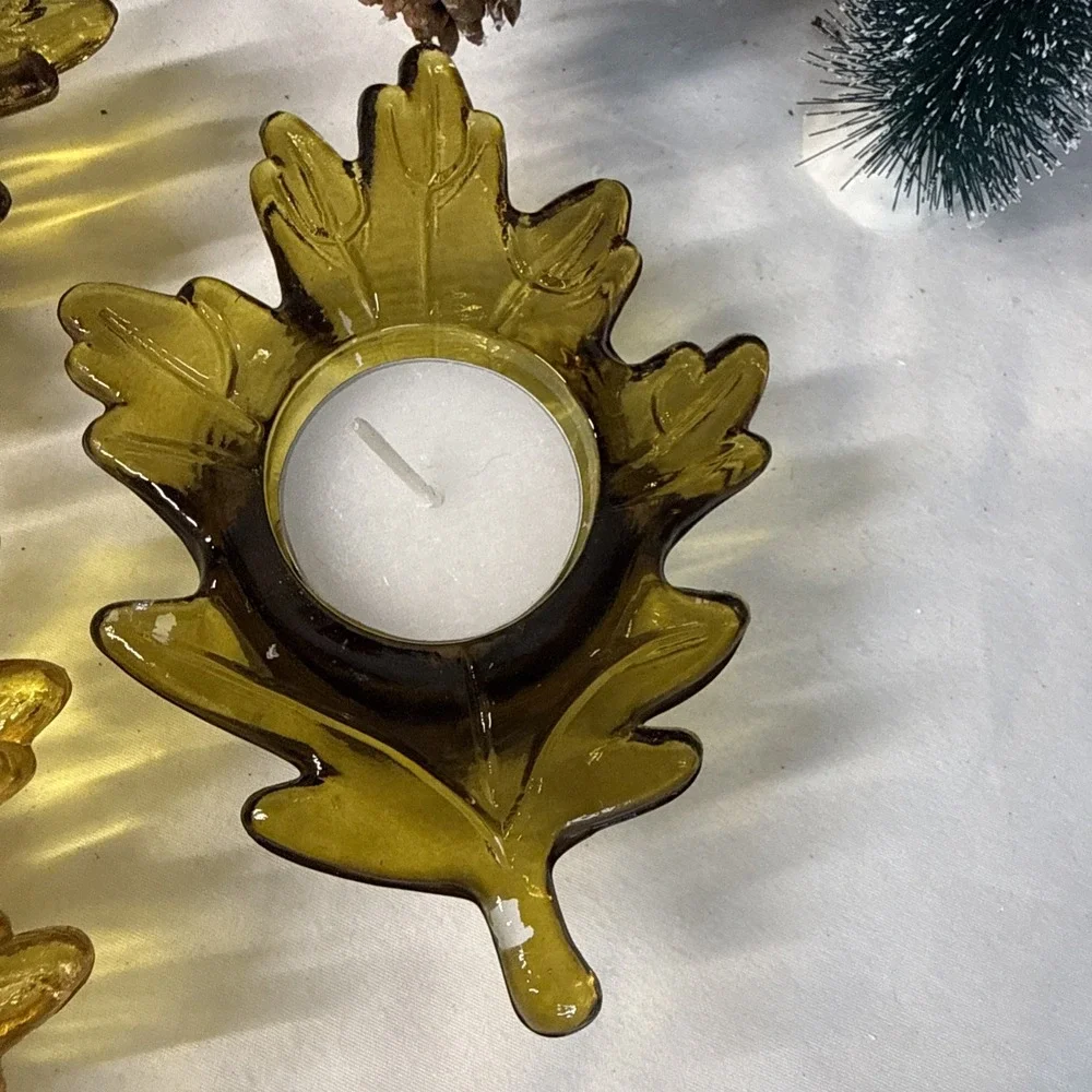 Fall Leaf Glass Votive Candle Holders Gold/Green Set of 3. Vintage